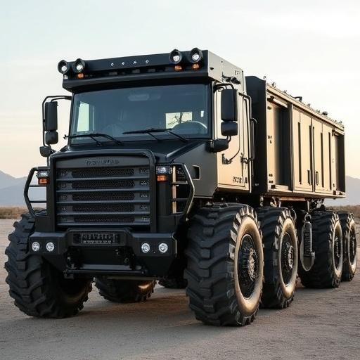 Armored super truck in a desert environment. Truck features a black exterior with integrated technology. Designed for extreme conditions and heavy towing. Showcases unique capabilities like on-board 3D printer and pneumatic exhaust.