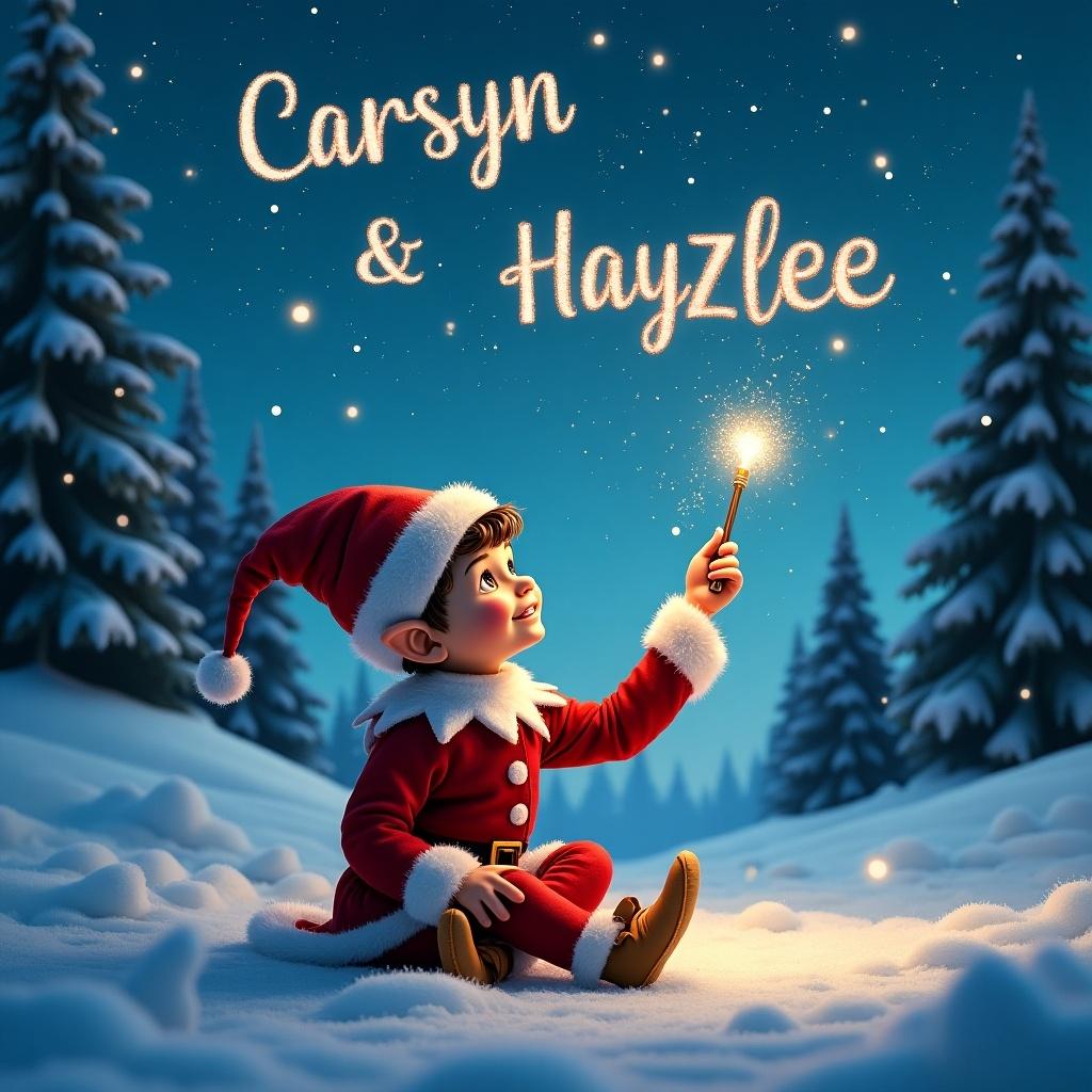 Image features an enchanting elf sitting on snow in Santa's village during the festive season. The elf is using a magical wand to write names in sparkling light against a starry sky. Surrounding the elf are snow-covered ground and tall evergreen trees. Above, the names ‘Carsyn’, ‘Hayzlee’ are elegantly written in the sky.