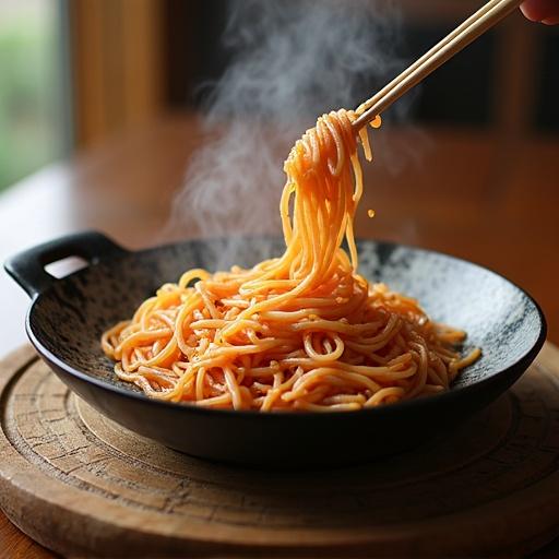 A bowl of spaghetti lifted with chopsticks. Soft lighting emphasizes the noodles. Natural wood table enhances the atmosphere. Focus on the food texture. Simple yet appealing presentation.