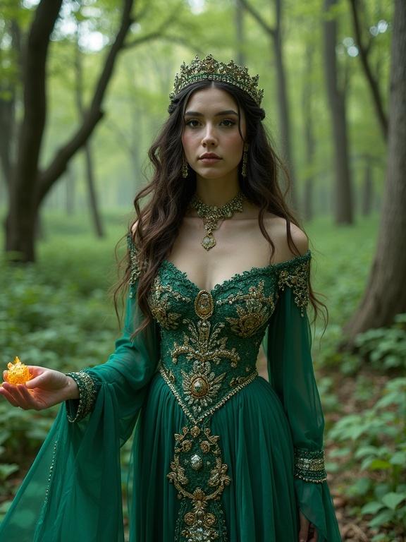 A striking picture shows a bejeweled sorceress standing in a forest. The sorceress wears a vibrant green gown adorned with jewels. The forest background enhances the magical feel of the scene. Details include intricate folk art elements and a soft, mystical atmosphere.