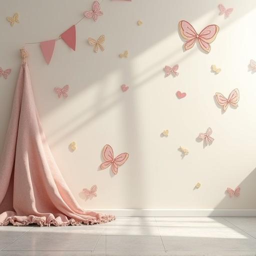 Smooth light grey tile flooring and a wall painted warm ivory. Vintage bow illustrations and subtle mouse ear outlines in pale red and gold adorn the wall. In the corner, soft pink bunting hangs alongside a dotted cloth creating a soft and balanced atmosphere.