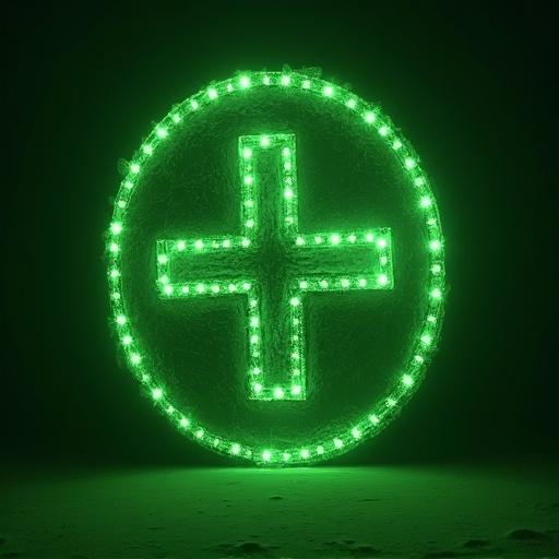 A glowing green cross in a circular neon design with a bright outline.