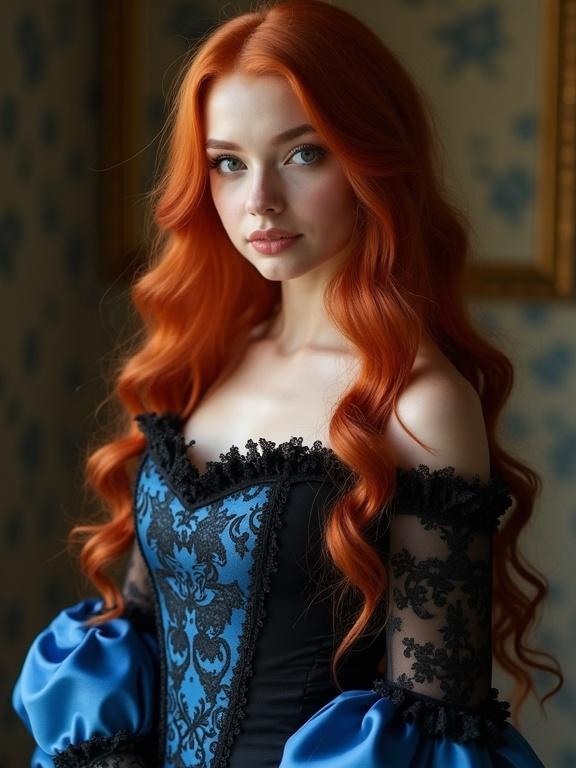 Young woman displays long red hair and hazel eyes. She wears an elegant blue and black corseted gown. The background features vintage decor.