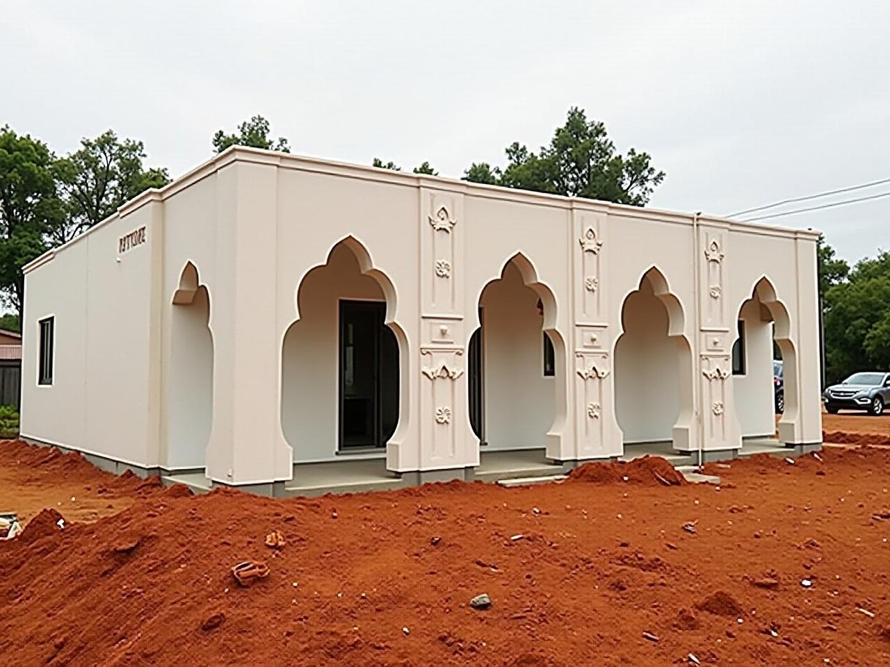 The image shows a newly constructed building with a modern design. The structure features multiple large arched doorways that are embellished with intricate decorative patterns. It is painted in a light color, providing a clean and fresh look. The surrounding ground is bare with red earth, suggesting that landscaping and finishing touches are still in progress. In the background, there are trees and a parked car, indicating the building is situated in a residential area. Overall, the building appears to be designed with an architectural style that is both aesthetic and functional.