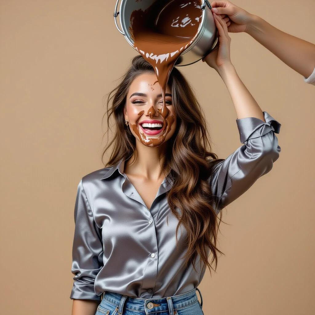 Photography of woman in shiny grey satin shirt and blue satin leggings. Woman has chocolate poured over her head. Clothes are messy and dripping with chocolate. Expression is amused and surprised. Centered in the image. Image has playful atmosphere.