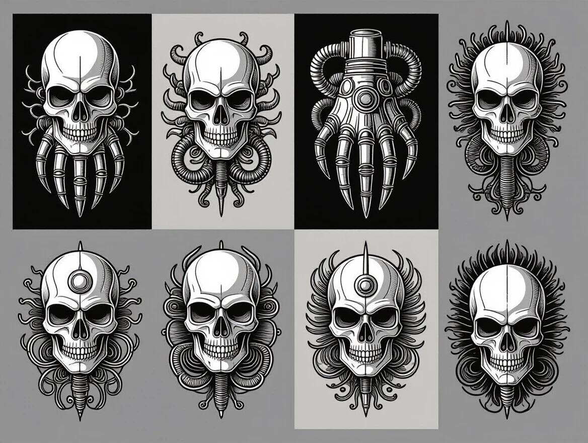 Biomechanical tattoo sheet with small designs.