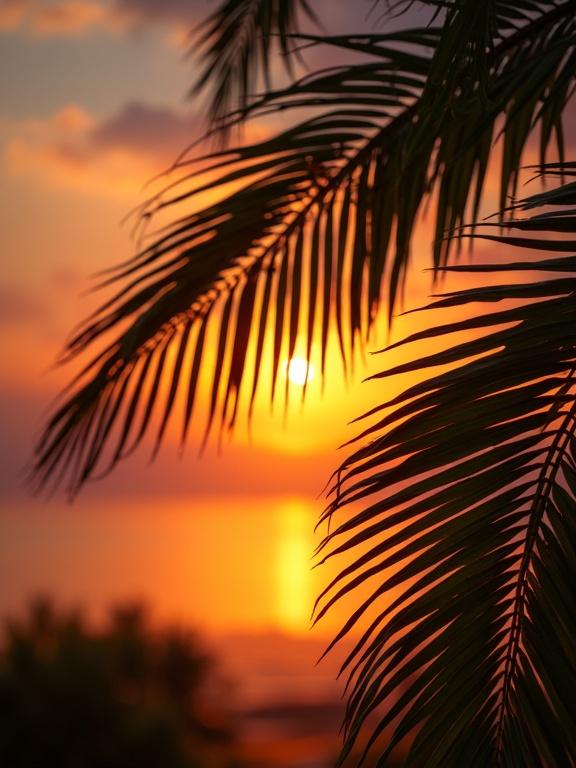 Palm leaves close-up against a sunset sky. Bright sun setting over the ocean in the background. Vivid warm colors create a serene atmosphere.