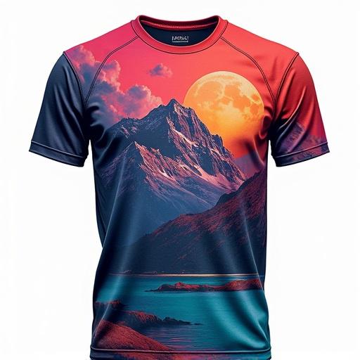 High-resolution t-shirt design featuring mountains and a sunset. Design is centered and isolated with a transparent background. Bold colors create an eye-catching appearance. Vibrant graphic illustration.
