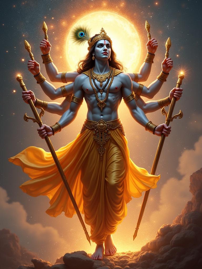 Digital painting of Lord Krishna in Vishwaroop form. Glowing divine light around him. Multiple arms holding weapons. Galaxies and stars swirling. Dressed in golden attire and a peacock-feathered crown.