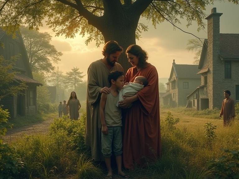 Split scene depicting a beautiful Eden-like garden juxtaposed with a decaying village. Humble family holds newborn Enoch. Realistic style showcasing soft and harsh lighting. Aspect ratio 9:16.