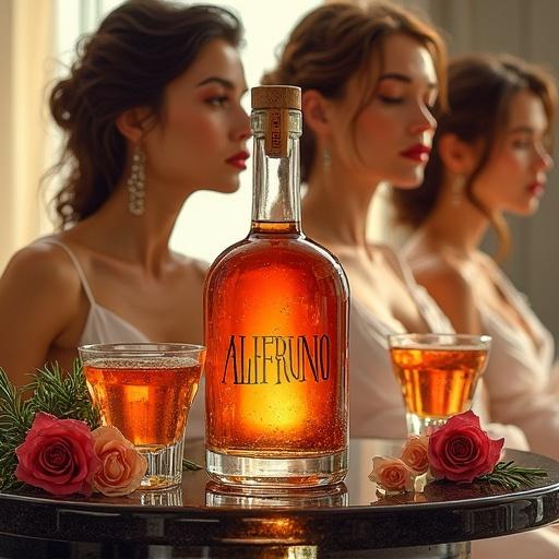 A detailed artistic depiction of three women in a spa setting, wearing translucent silk wraps. They have vibrant golden reddish lips. A bottle of herbal liqueur labeled 'ALFRUNO' sits prominently on a black table, surrounded by flowers and glasses. The image has a moody and nostalgic feel, inspired by anime art.