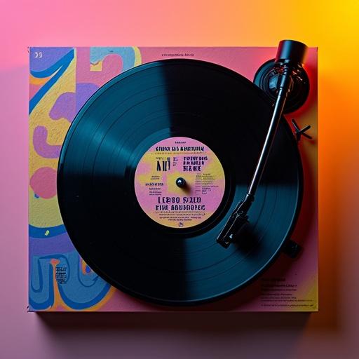 Flat lay of a vintage vinyl record on a turntable with a colorful sleeve. Vinyl label has unique track names related to branding, videography, and e-commerce. Vibrant, high contrast colors with soft shadows. Visuals blend retro and modern aesthetics for a professional look.