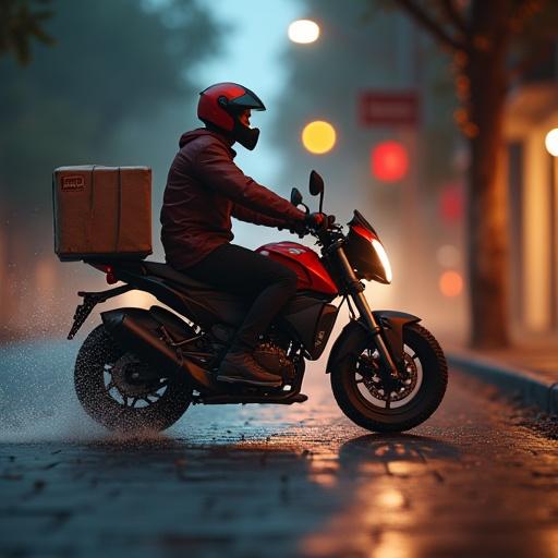A rider on a motorcycle equipped for delivery rides through a city. The rider wears a red helmet and mask. The motorcycle carries a delivery box. The setting is rainy, showcasing a wet street. Street lights illuminate the scene in the background.