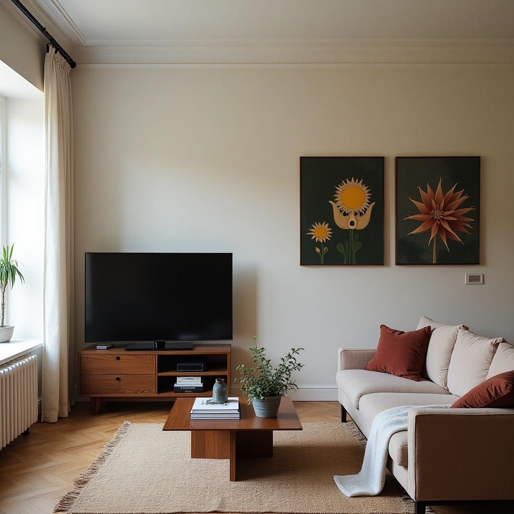 Living room featuring a TV next to a wall displaying two paintings from the 90s. Cozy couch with decorative cushions. A plant on the table enhances the decor.