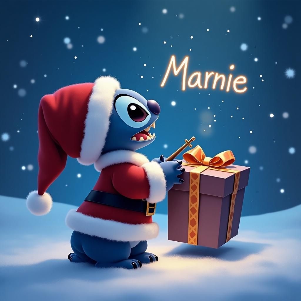 Stitch character dressed in a Santa outfit. Stitch faces the sky. Stitch uses a wand to write name Marnie. Stitch holds a Christmas present labeled Nathan.