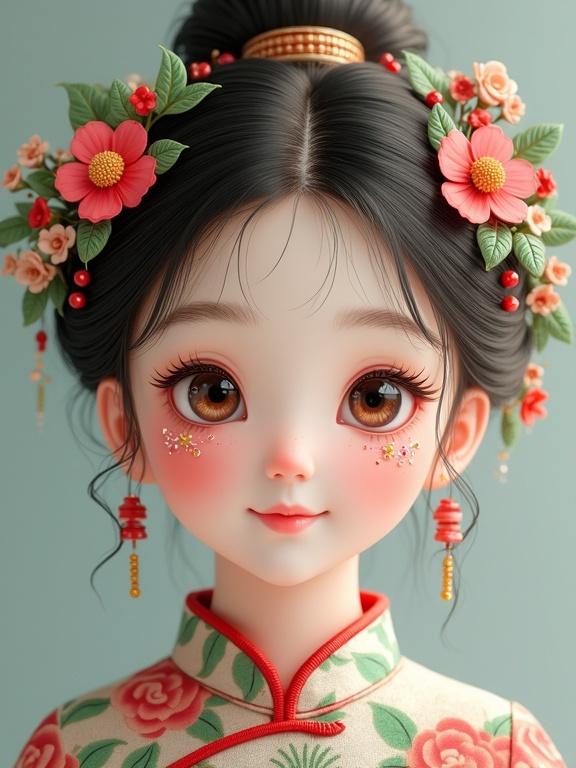 Head adorned with flowers and leaves arranged as a hair accessory. Vibrant sequins around eyes enhance cute facial features. Patterns on cheongsam represent ancient Asian art.