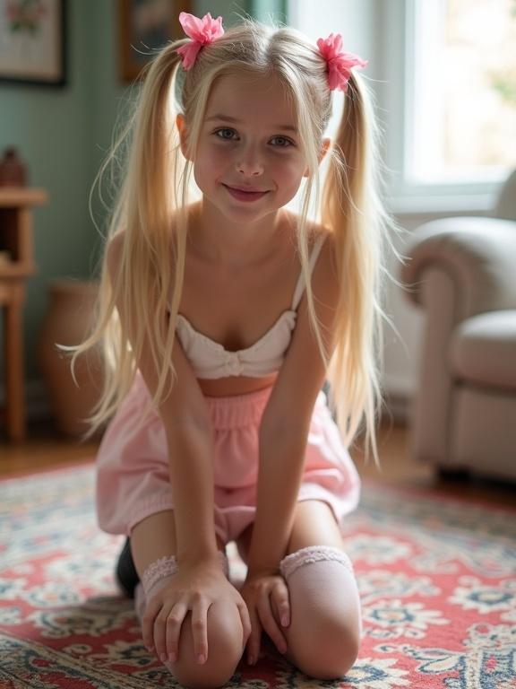 A child with long blonde hair styled in twin tails kneels on a colorful rug in a softly lit living room. She wears a short crop top and a pale pink skirt with thigh-high socks and black shoes, smiling flirtatiously.