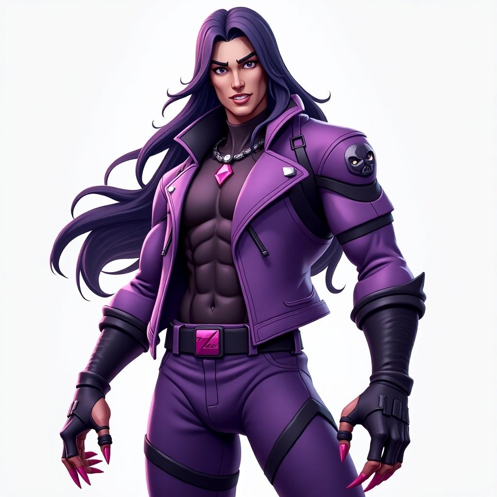 Vibrant character inspired by Fortnite. Stylish futuristic outfit in purple with black accents. Exuding confidence and a menacing look. Sculpted in T pose. Long, flowing dark purple hair. Large chest.