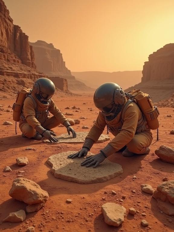 Two astronauts in space suits excavating rocks on Mars. They are kneeling and examining a large stone, surrounded by a rocky landscape under an orange sky.