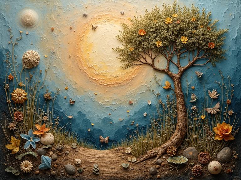 A 3D mixed media artwork depicting Mother Nature. The image features a textured tree surrounded by colorful flowers and butterflies. The background has a radiant sun and various natural elements. The materials include jute fibers origami and sand. The composition is layered and has a magical feel.