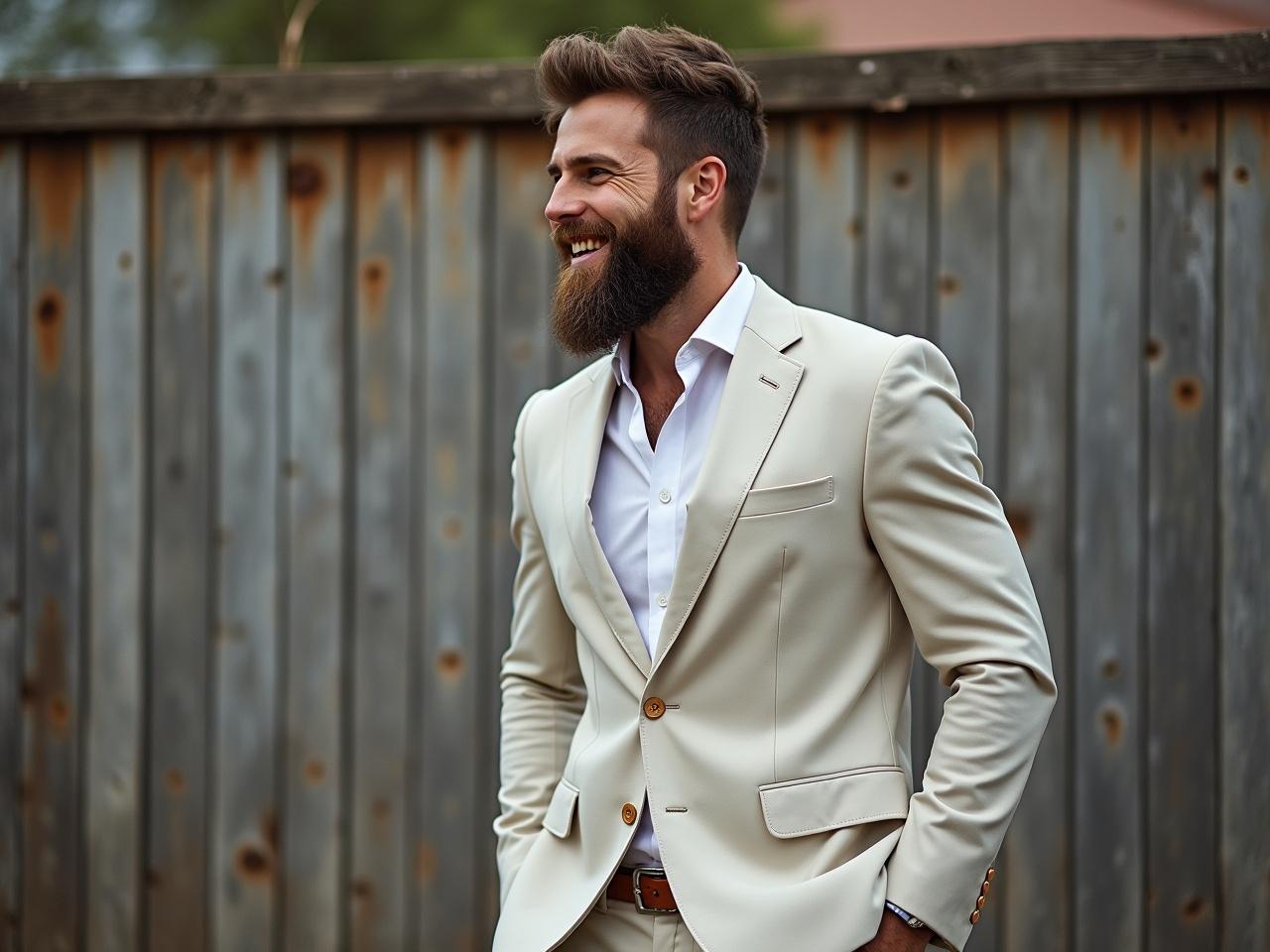 A man stands in front of a textured wall. He has a full beard and is smiling softly. The setting is casual, with a hint of rustic charm. He is wearing a light-colored suit that fits well. The suit has a modern cut, complementing his toned physique. The background features a weathered fence, adding an interesting contrast to the overall look.