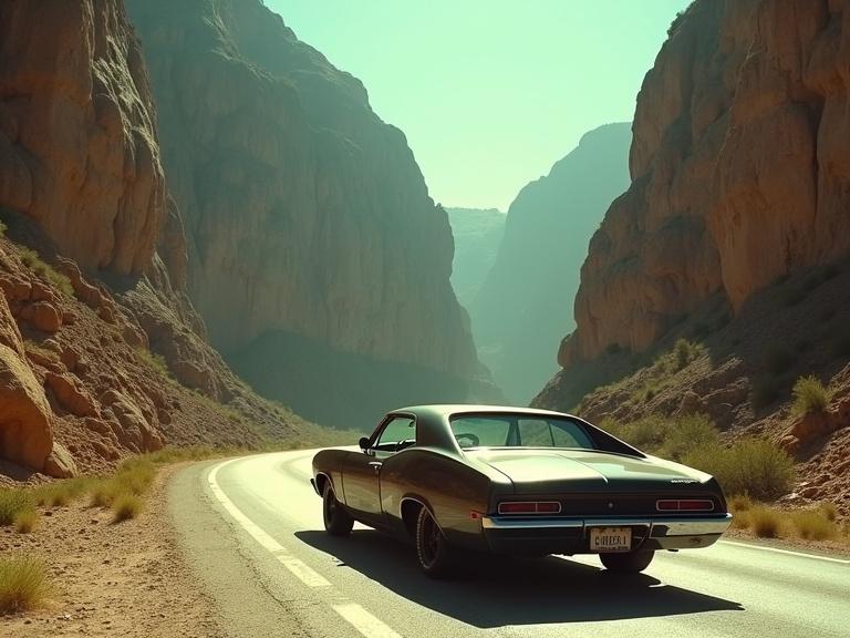 Cinematic shot with a raw 1970s grindhouse aesthetic. Impressive La Huasteca Canyon in Nuevo León. A powerful black muscle car resembling a Chevy Nova or Dodge Charger from 1970. Modified with a rough and sinister look. Flowing down a winding road between monumental limestone rock formations. Vertical canyon walls rise imposingly. Small climbers seen on rock walls. Road leads to Presa Rompepicos. Visible film grain with scratches or subtle visual imperfections. Slightly desaturated colors with a vintage greenish-blue tint. Strong sunlight creates dramatic contrasts. An atmosphere of lurking threat with an intense driver presence.