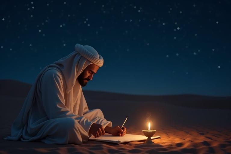 Desert night scene with a man sitting alone under stars. He writes in a scroll, illuminated by a small oil lamp. He has a tear in his eye symbolizing self-accountability and spiritual reflection, with a cinematic mood.