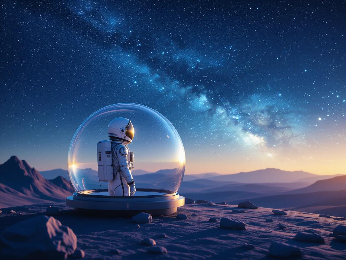 Glass dome on a planet landscape. Glittering stars above the horizon. Woman in space suit inside the glass dome. Looking out at the night sky.
