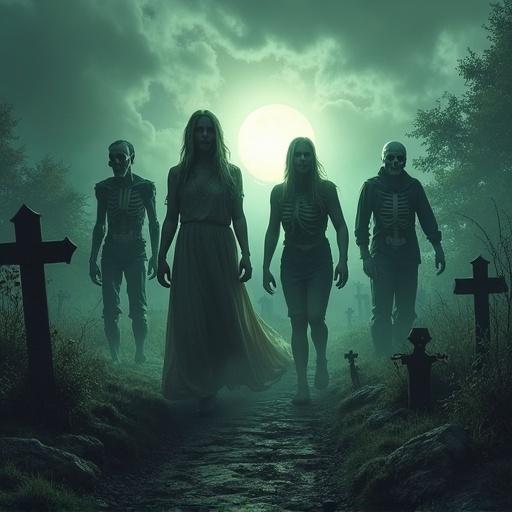 Graves and skeletons appear in an eerie setting. Women and men emerge in a dark graveyard. A full moon illuminates the scene creating a horror atmosphere. Fear evoking visuals dominate the image.