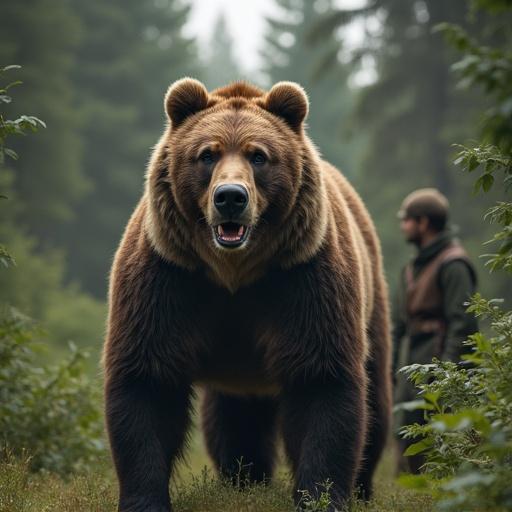 Image shows a man in a brown hunting outfit standing in a dense forest. Behind him, a large grizzly bear stands upright, growling. The scene is filled with greenery and depth, highlighting the immense size of the bear.