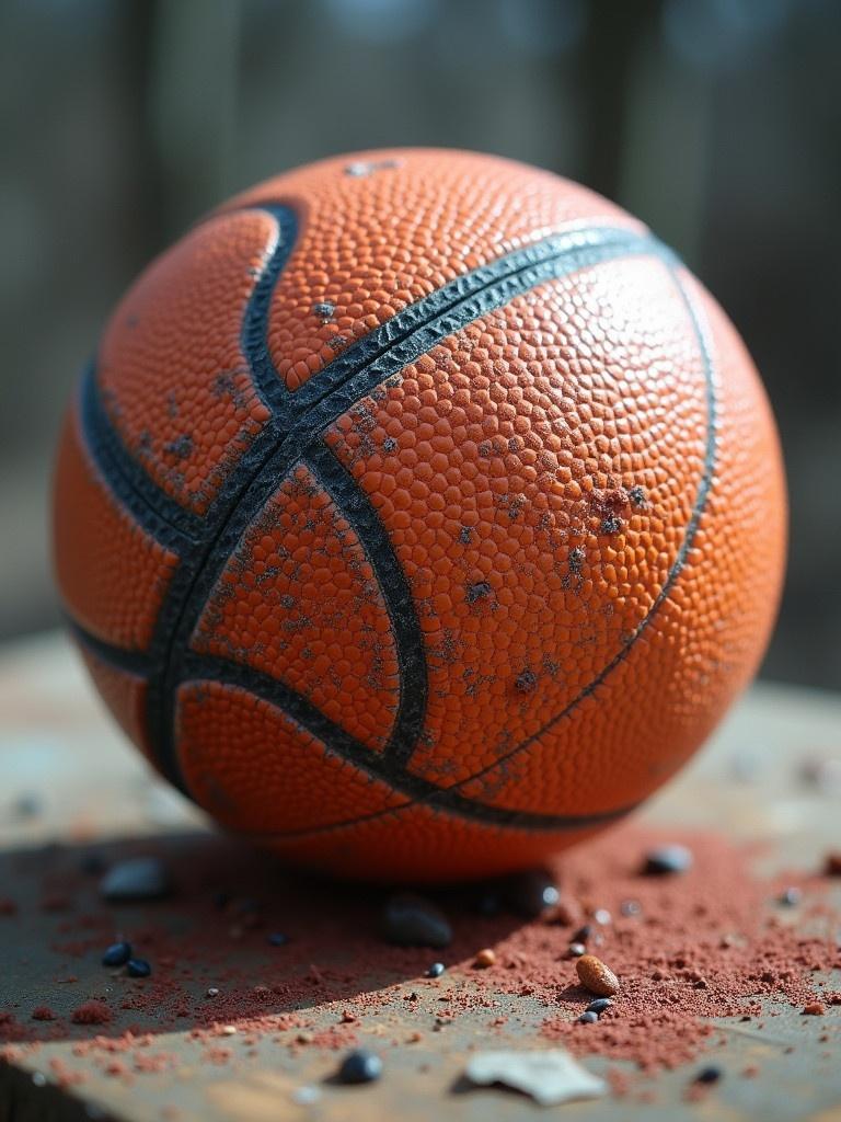 Close-up image of a basketball showing its textured surface and details. The scene has a blurred natural background with scattered elements around it.