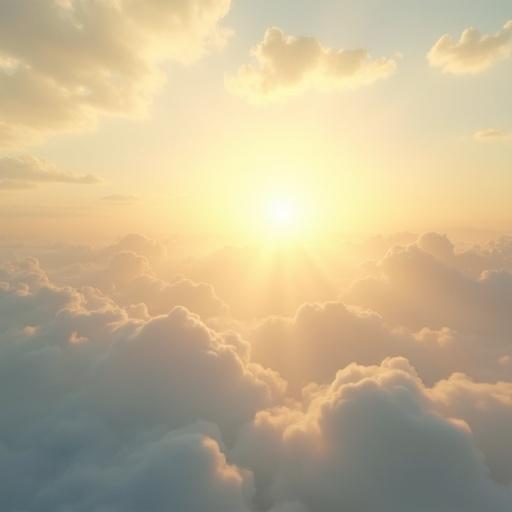 A vast, peaceful landscape high above fluffy white clouds with a glowing golden sky. Sunlight beams cascade down from above, creating an ethereal glow. Subtle angelic silhouettes appear in the distance, surrounded by light. The sky features a gradient of pale blue and gold with gentle rays of light filtering through. The atmosphere is serene and sacred, evoking emotions of calmness and dreams. Incorporate a 21st birthday cake. A track runner cake theme adds a personal touch.