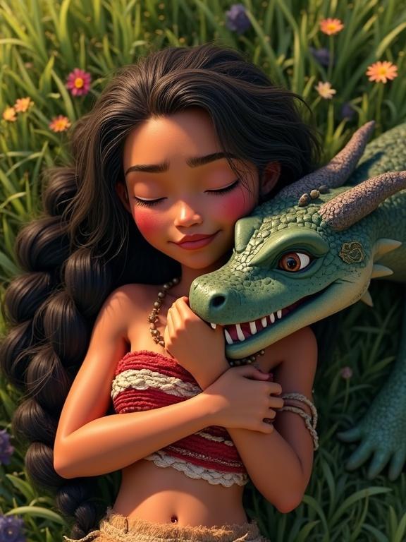 A beautiful young huntress lies in a meadow embracing her dragon friend after a hard fight. The scene shows calmness with eyes closed. The huntress has long braided messy hair and is wearing a torn loincloth. Her skin has a dirty sweaty appearance with a tanned glow. The dragon has an open toothy muzzle alongside her. The setting is full of flowers.