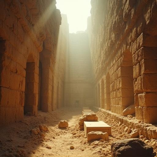Ground collapses showcasing modern city of Alexandria uncovering ancient necropolis below stretching 5 km long. Wide-angle lens captures vast underground chamber with ancient walls and sarcophagi. Slow camera pan across structures with visible chromatic aberration. Dust particles illuminated by light create rays. Camera tilts up revealing scale with modern city above.