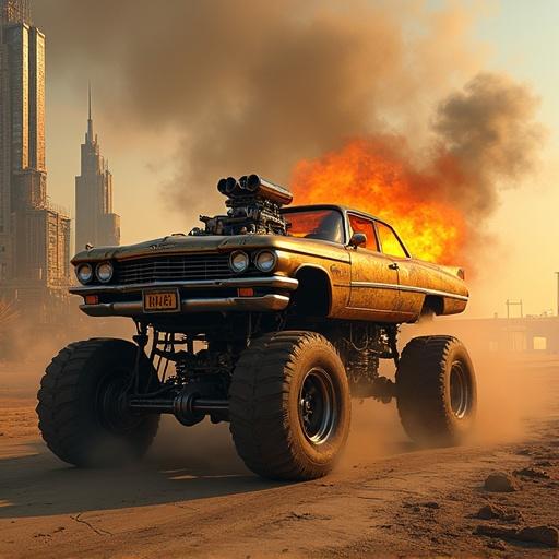 Ultra-detailed digital painting of Gigahorse from Mad Max: Fury Road. Dusty post-apocalyptic city at dusk. Twin V-8 engines burst through the hood. Spiked wheels churn asphalt. Chassis reinforced with steel plates. Ruined skyscrapers in background. Broken highways and flickering street lamps. High-contrast lighting with textures.