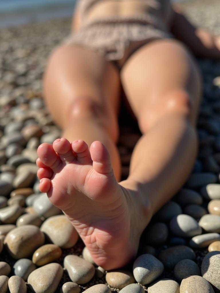 Person lies face down on a pebbled beach. Sole of foot is highlighted. Ground has smooth, polished stones of various sizes. Sunlight illuminates scene. Soft shadows and textures are visible. Evokes calmness and leisure. Contrast between soft feet and hard stones is interesting.