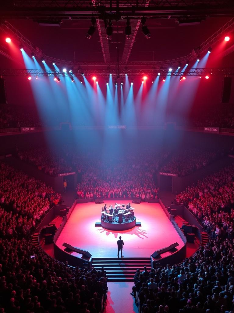 Aerial view of Travis Scott's concert at Madison Square Garden with a 360 stage. The performance area is filled with vibrant LED lights and an enthusiastic crowd. The drone captures the bustling energy of the event.