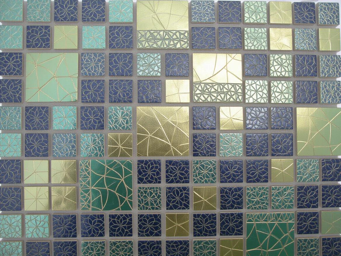 Abstract composition of iridescent ceramic tile and glass mosaic. Rich color palette includes teal, gold, indigo, and emerald green. Ethereal quality with intricate patterns created through encaustic mixed media. Perfect for art installations or interior décor.