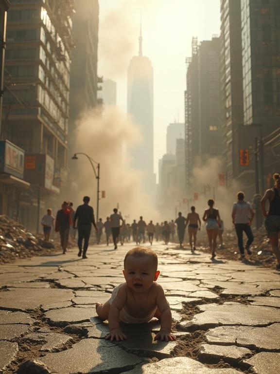A cinematic post-apocalyptic urban landscape is depicted. Streets show extensive cracks with large fissures in the ground. A baby crawls on the pavement appearing distressed. The city around is chaotic with swirling dust clouds. In the background, skyscrapers are in ruins with scattered rubble. People are running away from the scene in fear and urgency. The atmosphere is tense and dramatic highlighting the contrast between the baby's innocence and the surrounding destruction.