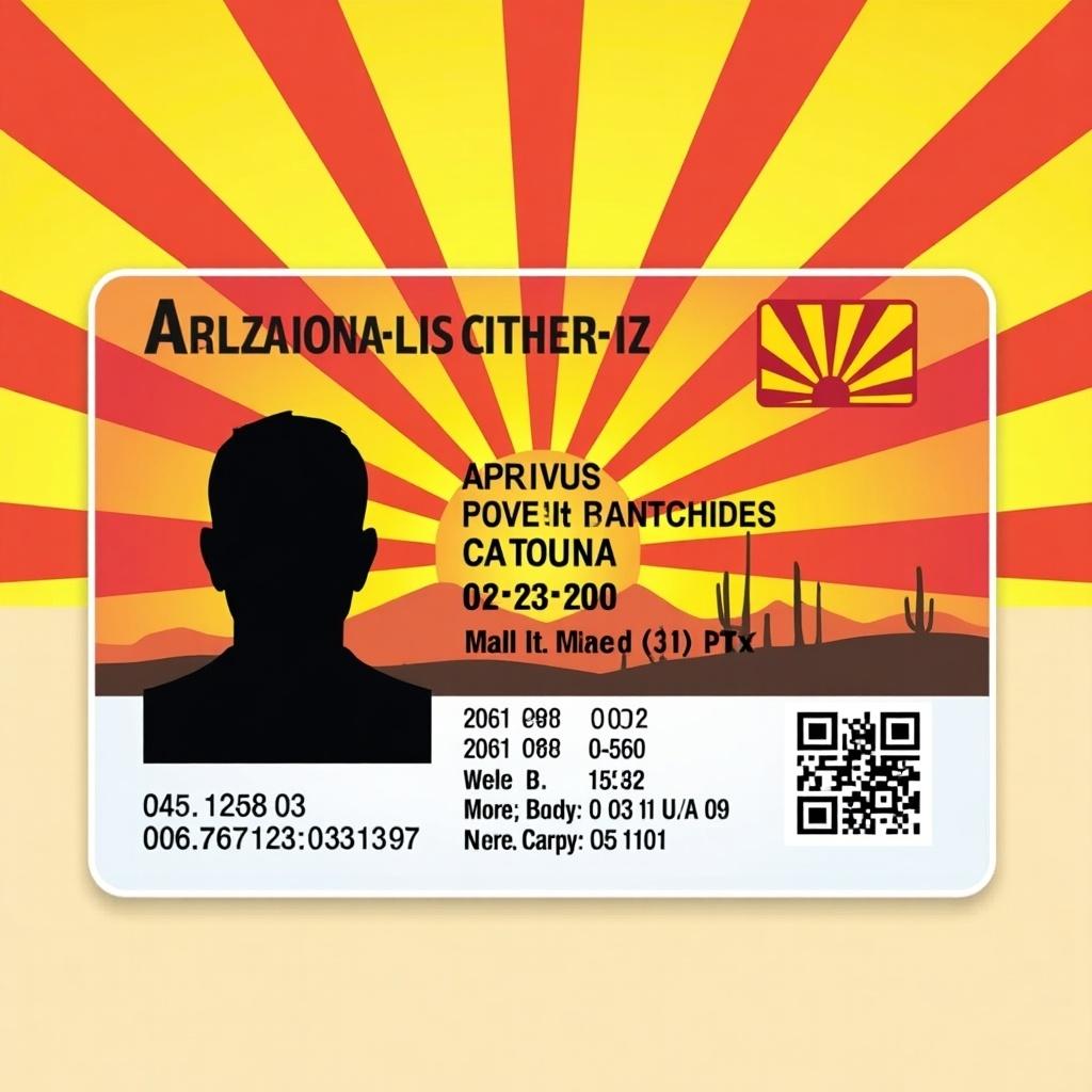 Graphic illustration of a state identification card for Arizona. Vibrant sunset background with red and yellow rays. Black silhouette representing a person. Various fictional details like name and expiry dates printed. Clear indication of identification document's purpose.