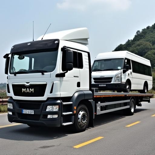 Commercial vehicle featuring a MAN truck towing a van on a flatbed. The scene shows the truck on a road with green hills in the background.