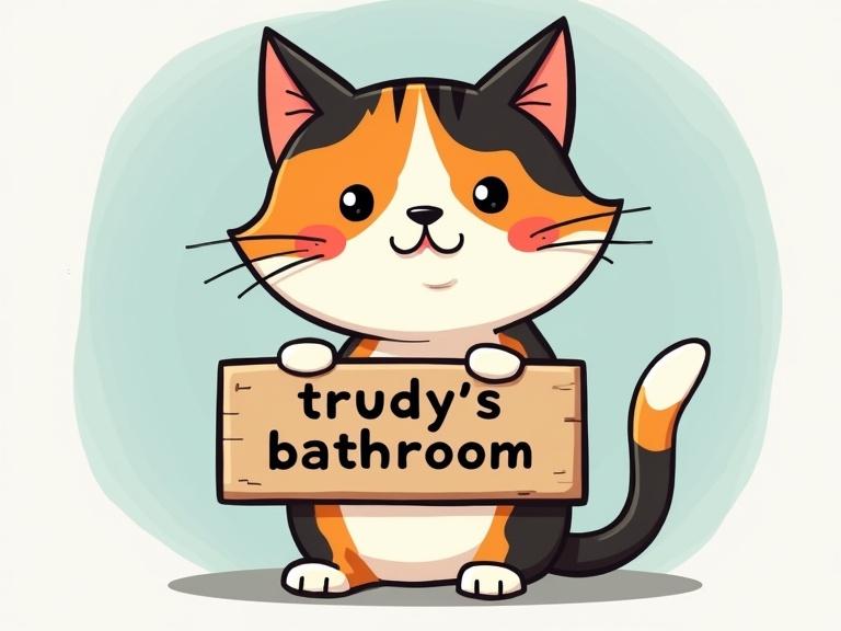 Cartoon style illustration of a calico tortoiseshell cat. Cat has a white tipped tail and white tipped paws. Cat holds a wooden sign that says trudy's bathroom.