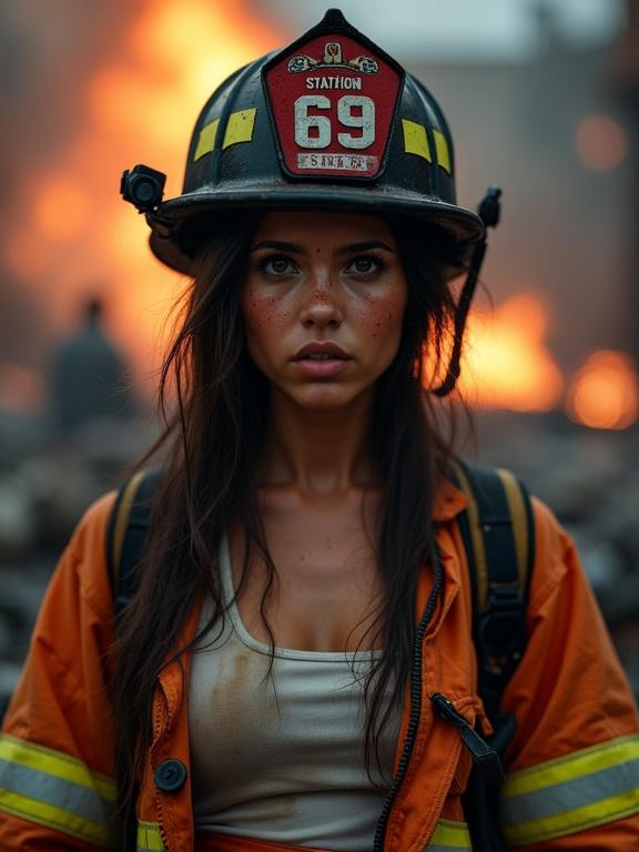 Photo of soot stained female firefighter with sweat. Long dark hair in bun with loose strands. Warm brown skin and dark eyes show duty. Wearing soot-streaked helmet with station 69 badge. Protective jacket unzipped over sweat-stained tank top. Orange trousers with reflective stripes. Blurred smoky fire rescue in background. Dramatic lighting with warm glow. Cinematic style with depth of field focus on face. Mood is heroic and inspiring.