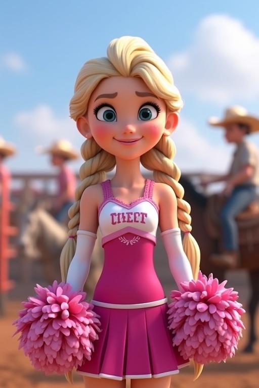 Animated woman inspired by a popular character. Long hair styled in two side ponytails reaching her waist. Wears a pink cheerleader uniform with white accents. Holding pink pom poms. Cheerful demeanor at a rodeo setting.