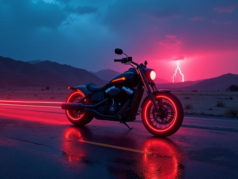 Cyberpunk style with vibrant blue and red light. High-tech futuristic black chopper motorcycle with laser light wheel rims in desert at sunset. Abandoned on a road in the distance on a hill. Lightning strike in the background. Long laser light trail behind the motorcycle. Night strobe laser light from motorcycle front. Mood set with fog and rain effects.