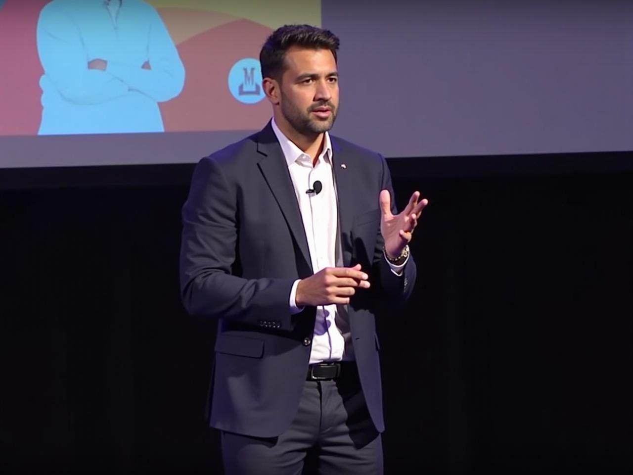 A person is standing on a stage, wearing a tailored navy suit and a white shirt. They are holding a pen in their right hand and gesturing with their left hand. The background includes a projection screen with colorful graphics, indicating that this is part of a presentation or talk. The individual is engaged and appears to be addressing an audience, possibly making a point or emphasizing a message. The stage setup is professional, conveying a sense of authority and confidence.