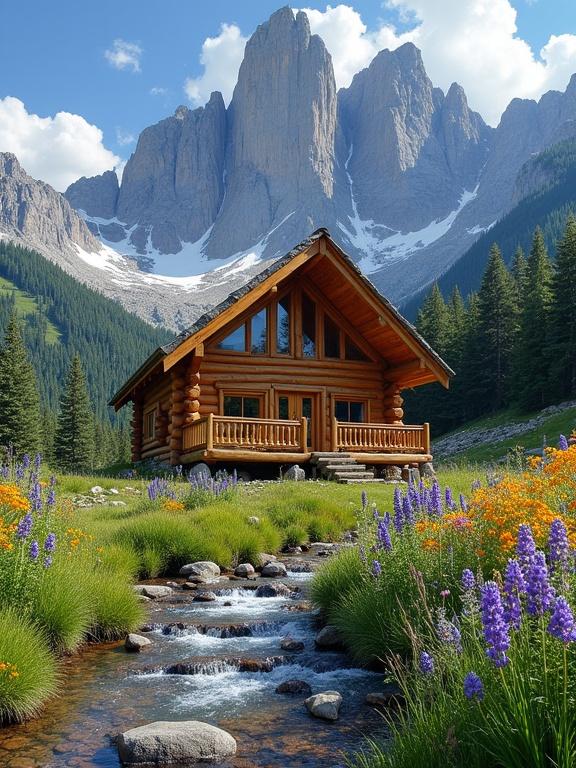 Stunning alpine landscape features rustic log cabin against dramatic mountain backdrop. Warm honey-colored logs construct cabin with steep A-frame roof. Covered front porch has wooden railings. Multiple windows reflect surrounding scenery. Slight elevation provides panoramic views. Clear mountain stream flows over smooth stones in foreground. Sparkling water catches sunlight. Extraordinary display of wildflowers includes purple lupines, orange paintbrush, yellow buttercups, blue columbines, and pink flowers. Verdant green meadow lush with summer growth. Majestic jagged mountain peaks rise behind cabin with dramatic rocky faces and patches of snow. Mountains appear gray and brown against blue sky. Fluffy white clouds hover around peaks, suggesting high altitude. Evergreen forests of pine and spruce trees cover lower mountain slopes and surround meadow area. Scene captured during alpine summer with perfect lighting conditions highlighting wilderness beauty. Composition creates breathtaking example of mountain wilderness and human dwelling coexistence.