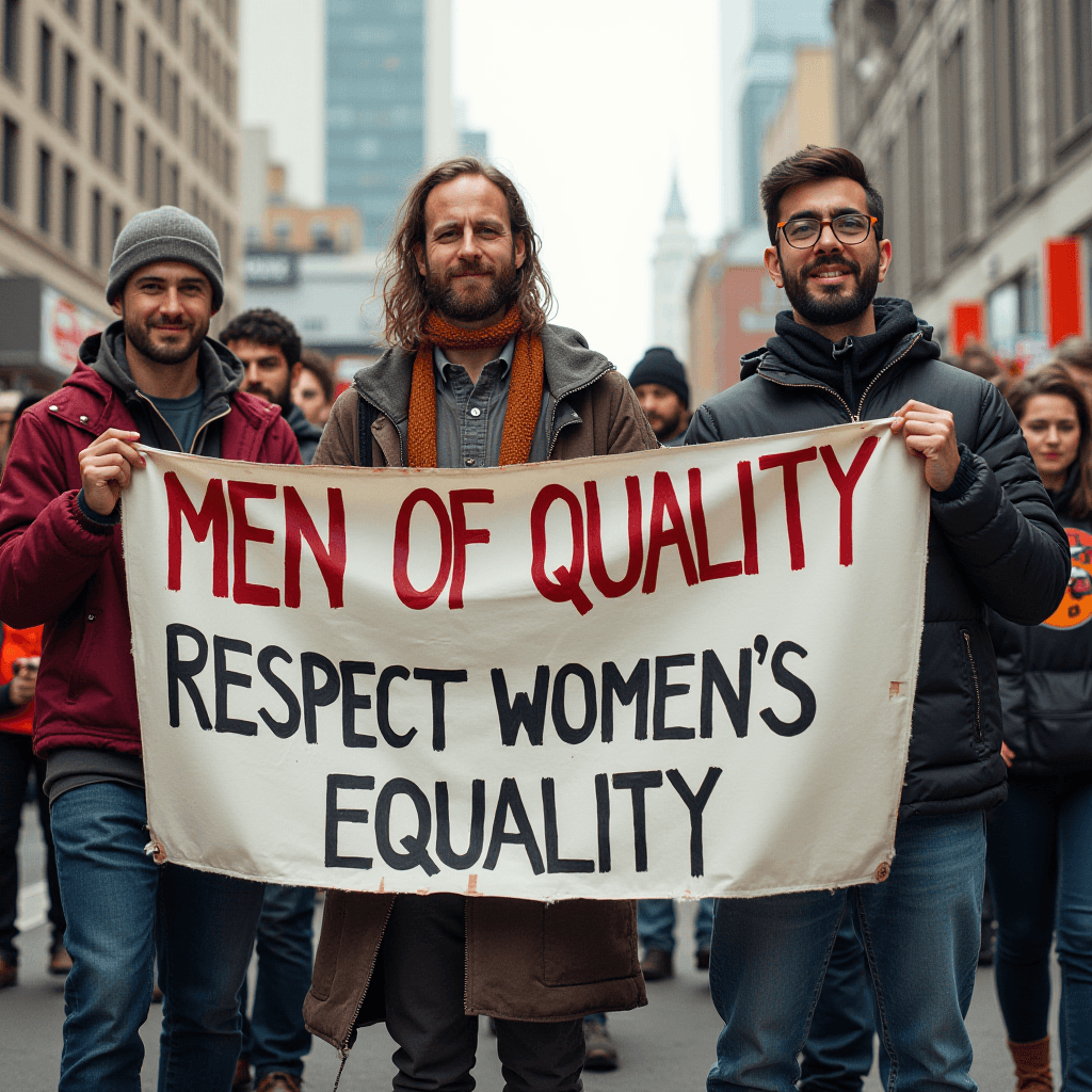 A group of men holding a banner advocating for women's equality during a protest march.