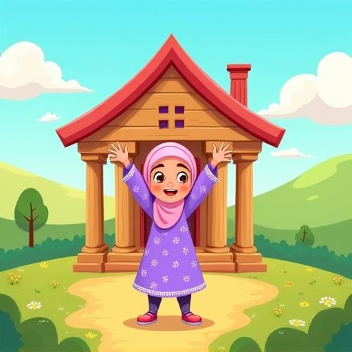 Colorful cartoon-style illustration. Young girl around 7-10 years old with a natural skin tone and no facial features. Wearing a purple dress with white flowers and a light pink headscarf. Standing joyfully in front of a small wooden house with five pillars and a red roof. Raising arms in celebration. Background features green grass, cartoon trees, soft hills, and a bright blue sky with fluffy clouds. Includes Islamic design elements. Space at the top for title placement.