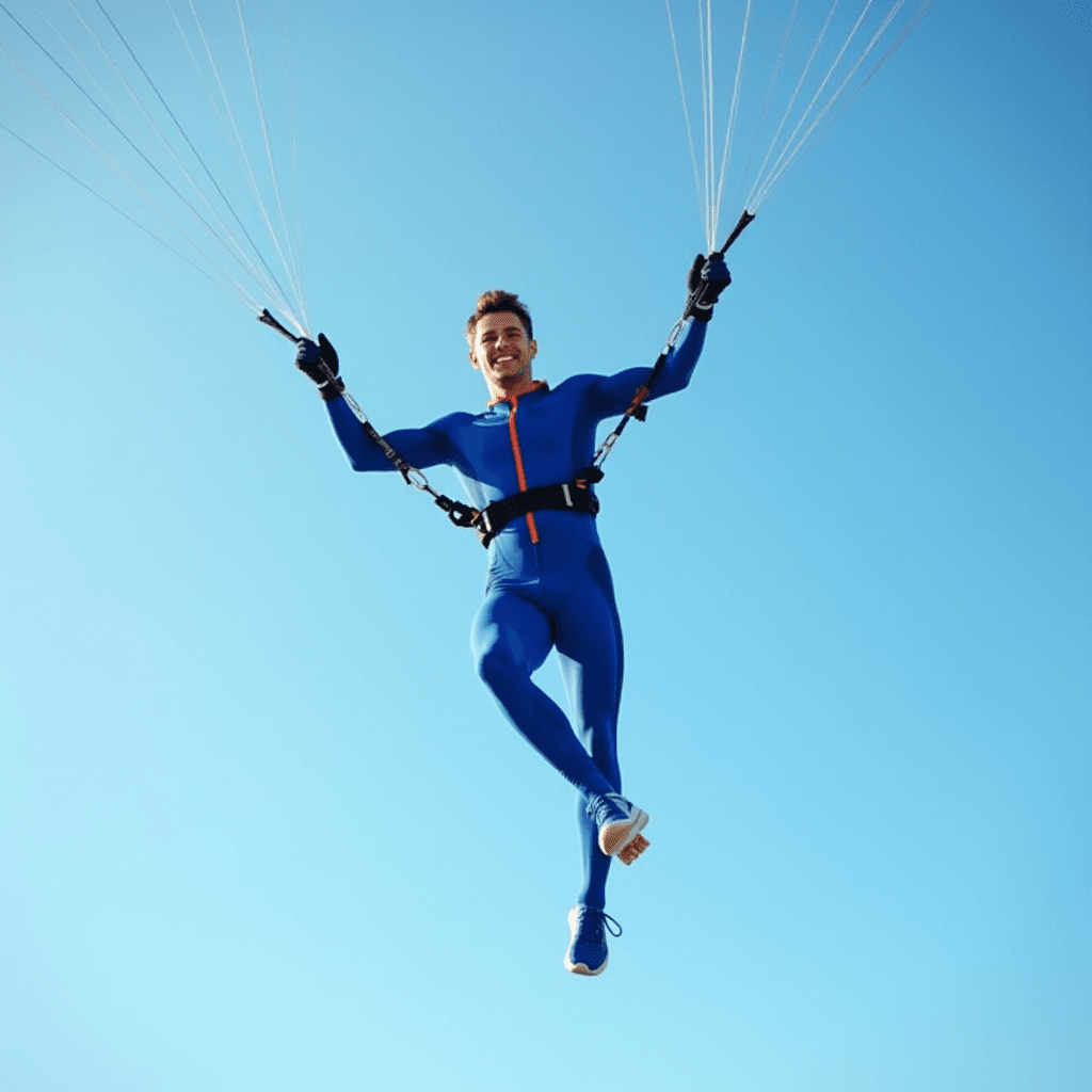 A person in a sleek blue jumpsuit, attached to parachute lines, is joyfully suspended in mid-air against a clear blue sky.